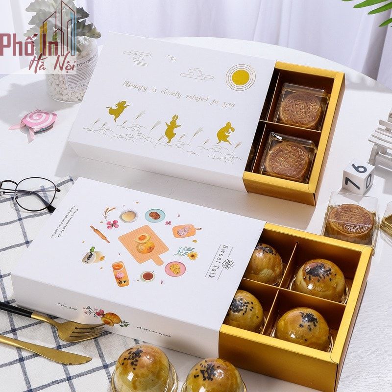 Hộp bánh trung thu ngăn kéo (nắp diêm) chất liệu giấy ivory
