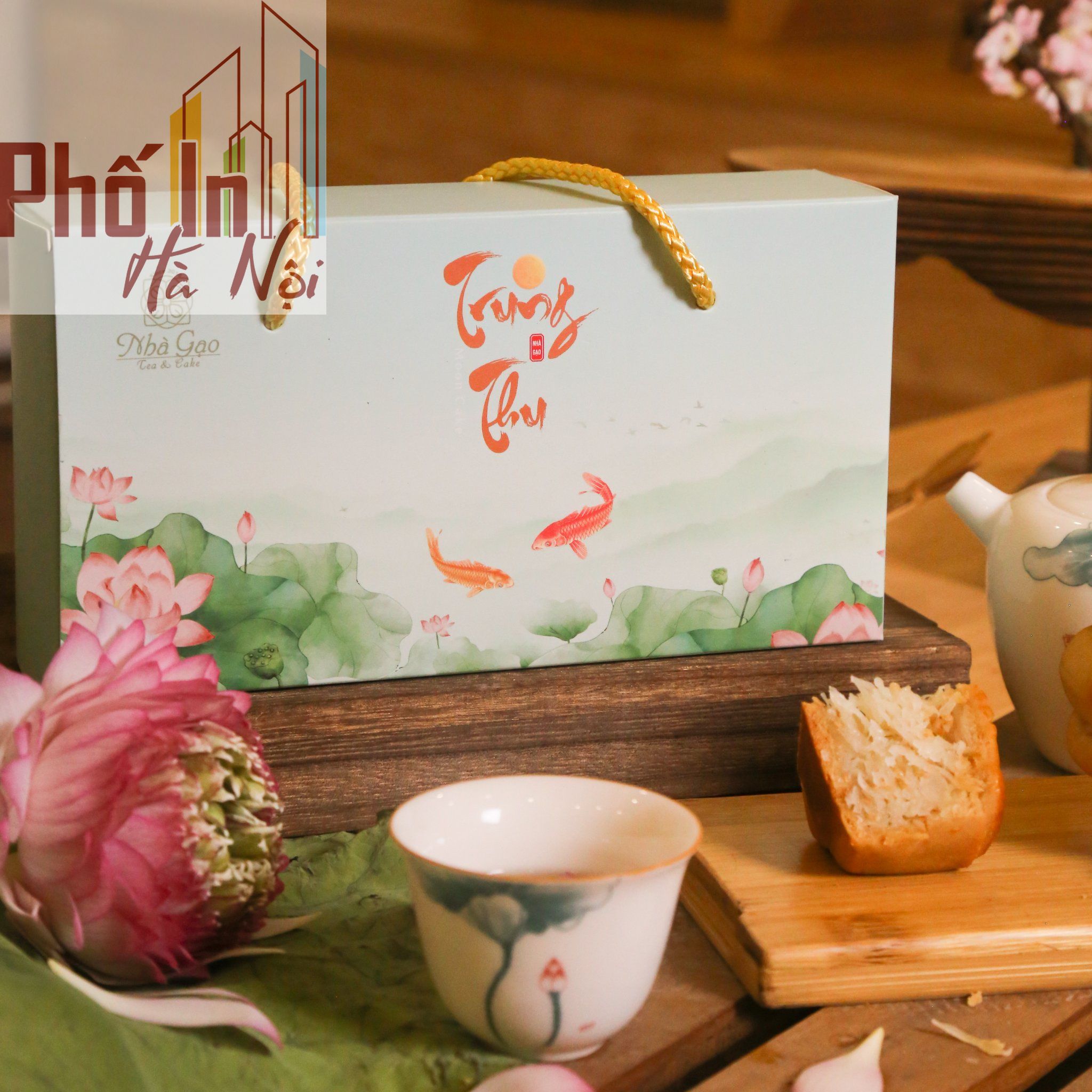 Mẫu hộp bánh trung thu giấy ivory quy cách 2 đầu nắp gài có dây xách